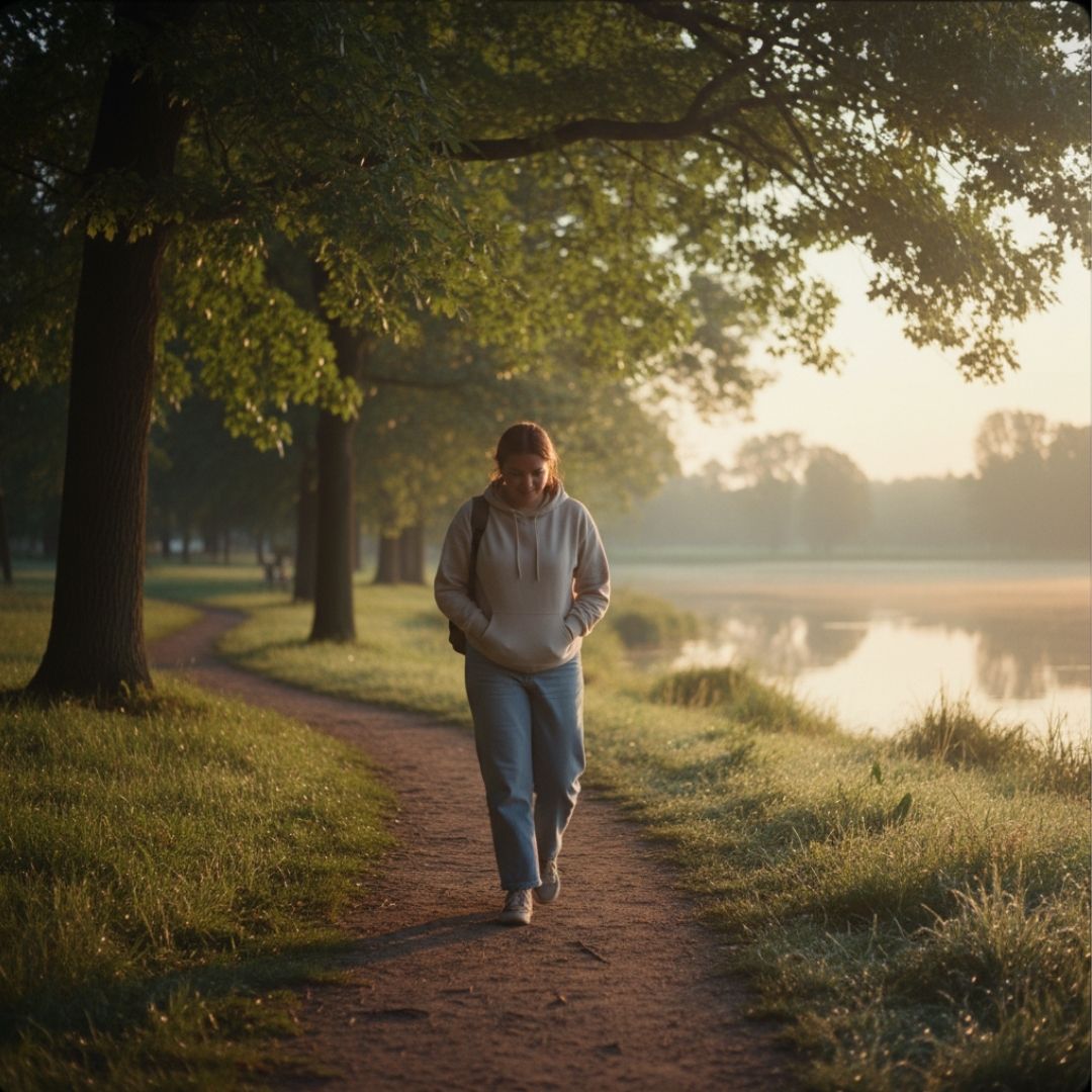Persona caminando sola por un parque al amanecer, representando el proceso de recuperación y autocuidado tras una ruptura amorosa.