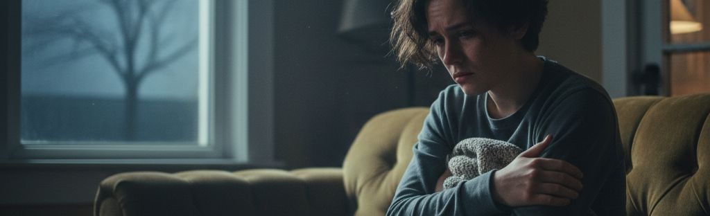Hombre sentado solo en un sofá con gesto de tristeza, reflejando el duelo emocional después de una ruptura amorosa.